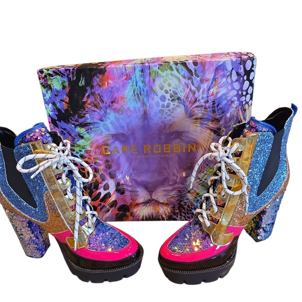 Cape Robbin Pink and Blue Heeled Boots with Chunky Platform